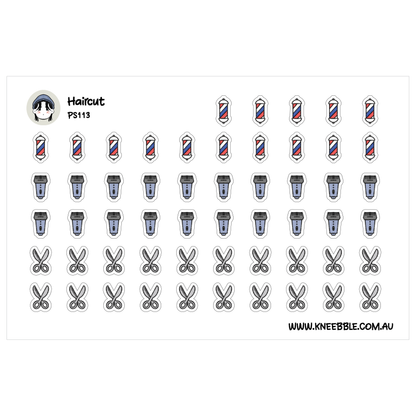 a collection of stylized icons representing various barber-related items, such as scissors, razors, and hair-cutting tools.