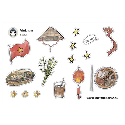 various illustrations and objects related to Vietnam, including a flag, a hat, a map, a bowl, a cup, bamboo, and stars.