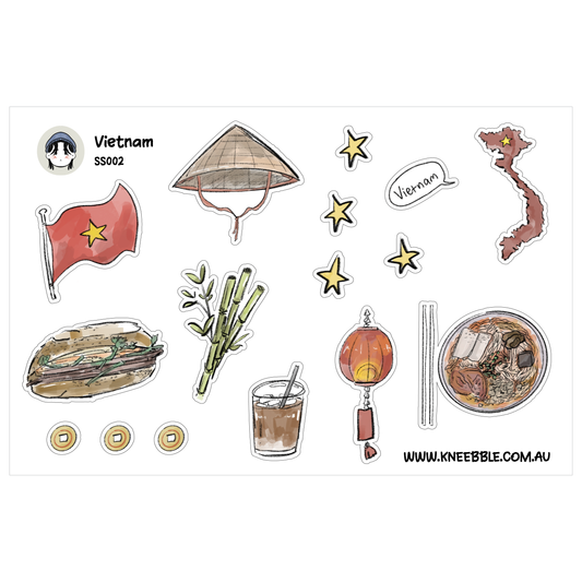 various illustrations and objects related to Vietnam, including a flag, a hat, a map, a bowl, a cup, bamboo, and stars.