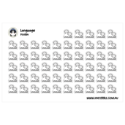a grid of black and white stickers with the word "Language" written on them. The stickers are arranged in rows and columns, and they appear to be a collection of various stickers with the word "Language" repeated across them.