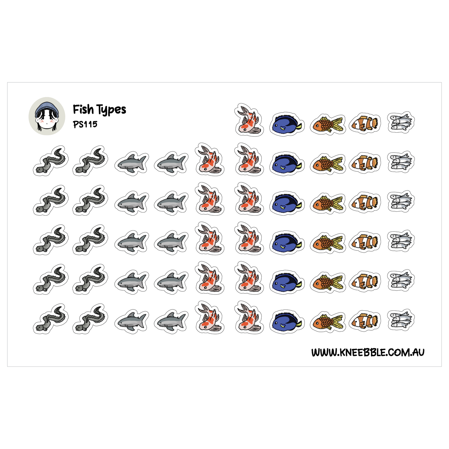 a collection of various fish types, including sharks, fish, and other aquatic creatures, arranged in rows and columns.