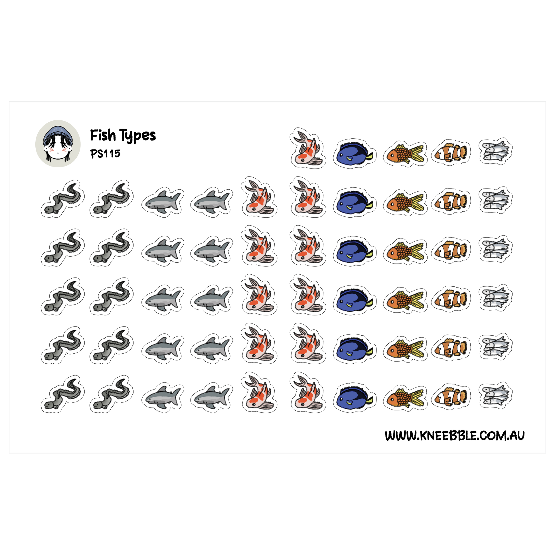 a collection of various fish types, including sharks, fish, and other aquatic creatures, arranged in rows and columns.