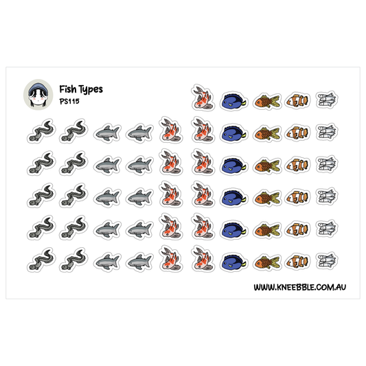 a collection of various fish types, including sharks, fish, and other aquatic creatures, arranged in rows and columns.