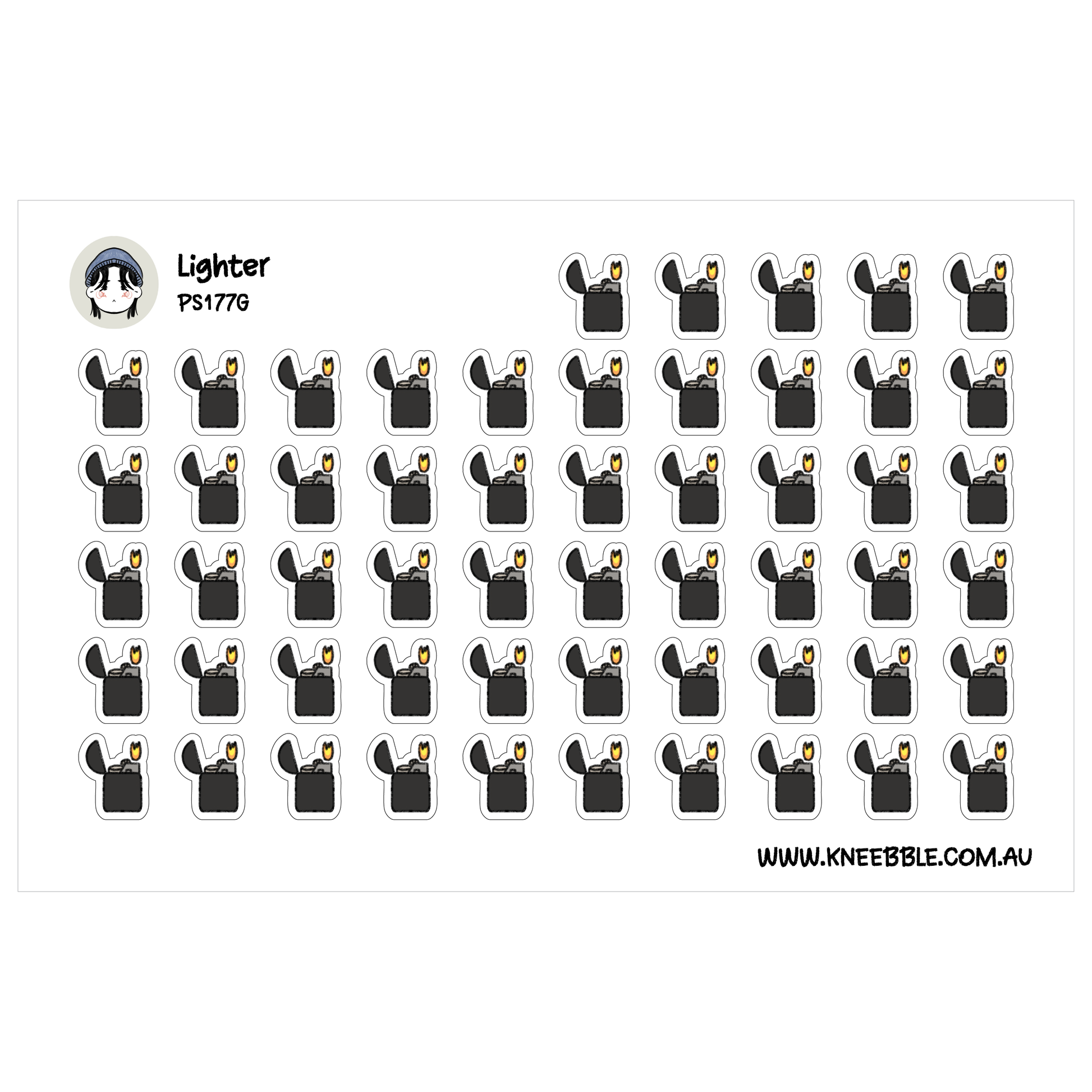 a grid of identical black and white stickers, each depicting a lighter.