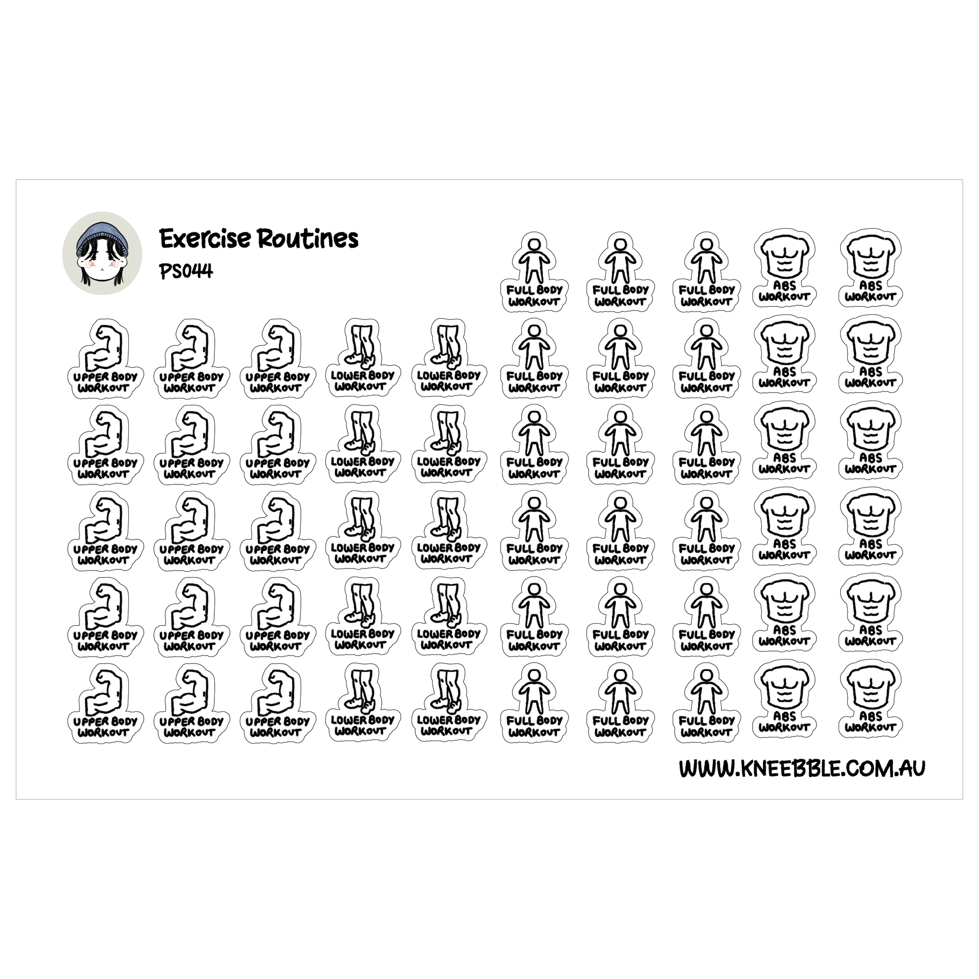 a grid of stickers depicting various exercises and poses, along with the text "Exercise Routines" and "PS044" printed above them.