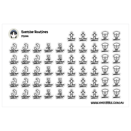 a grid of stickers depicting various exercises and poses, along with the text "Exercise Routines" and "PS044" printed above them.