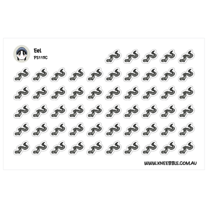 a grid of black and white stickers, each featuring a stylized snake or snake design. The stickers are arranged in rows and columns, creating a visually striking pattern. The image does not contain any text, and the stickers are not described in detail.