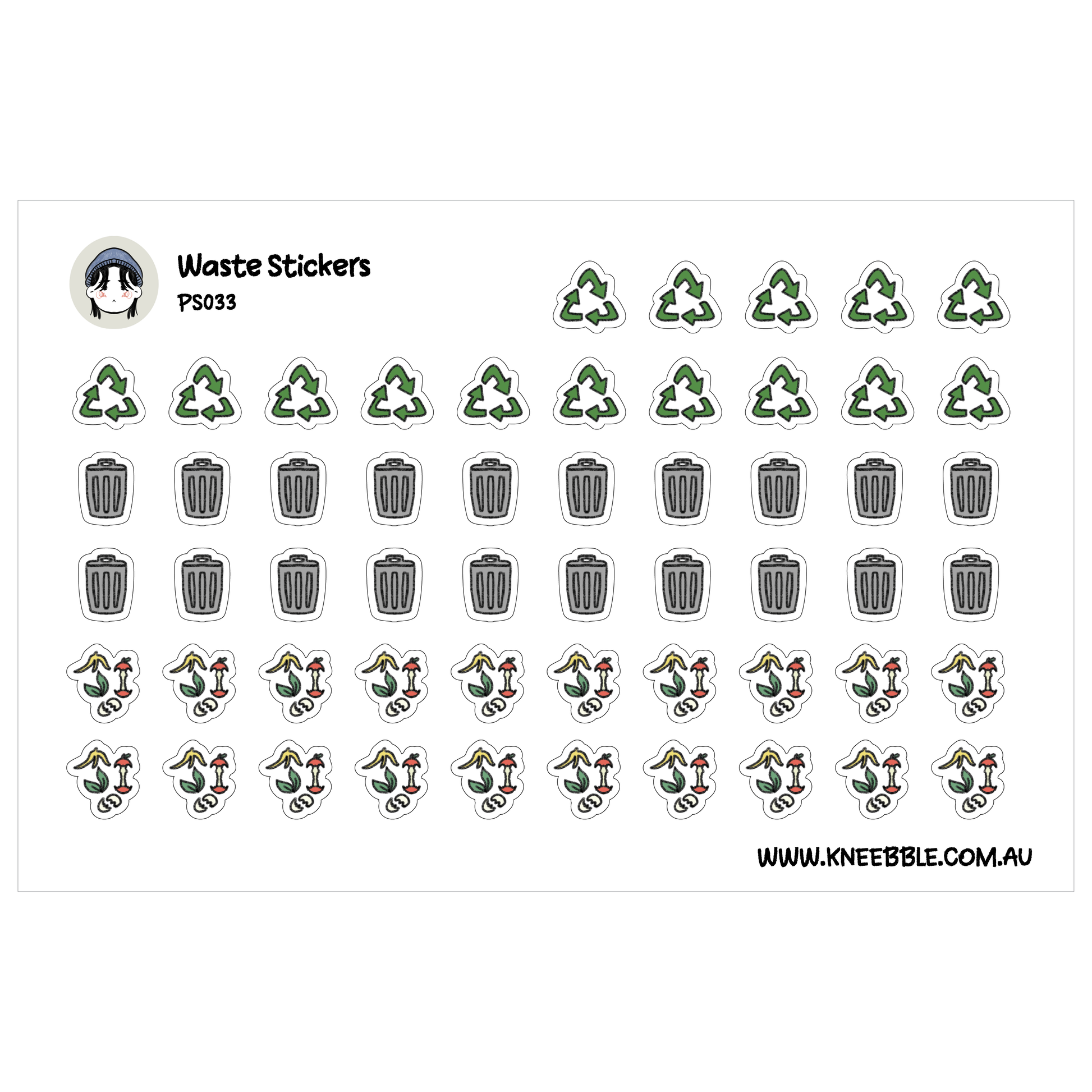 a collection of stickers with various recycling symbols and trash cans, arranged in rows and columns.