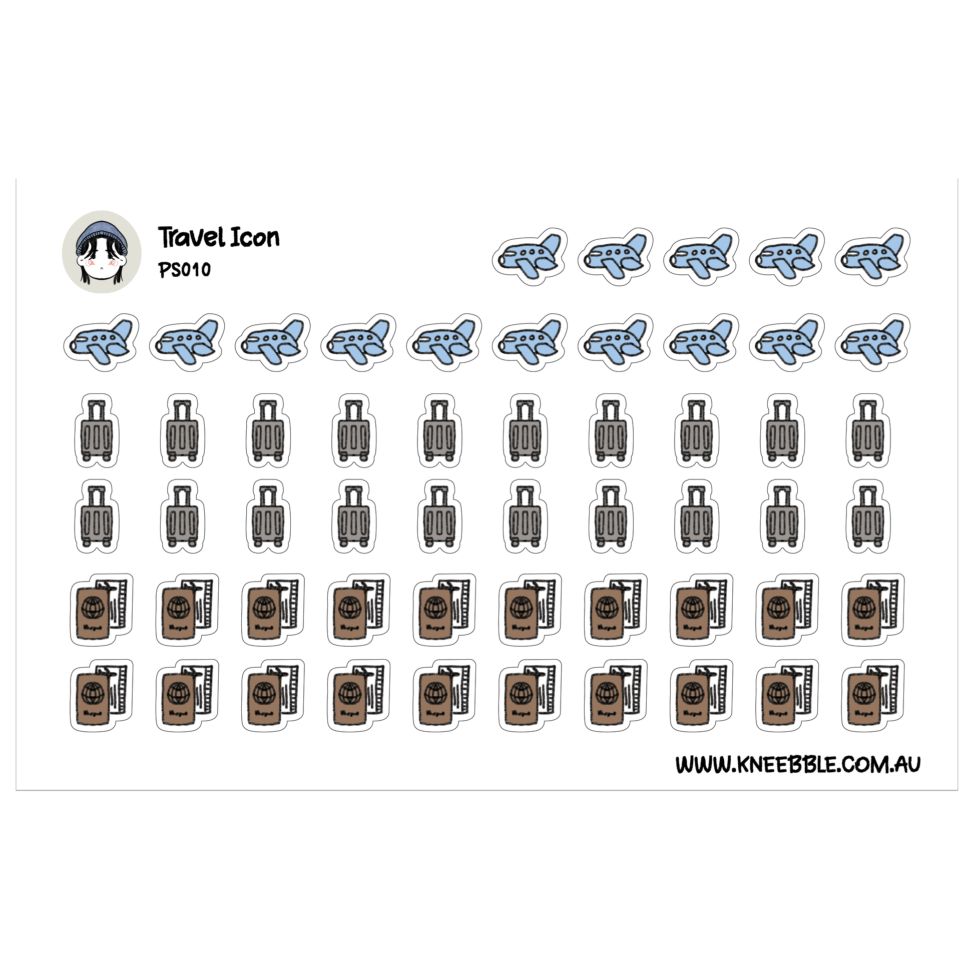 a collection of stickers depicting various travel-related icons, including airplanes, suitcases, and other travel-related objects.