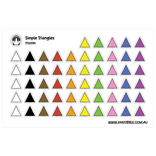 a collection of simple triangles in various colors, including black, white, brown, orange, yellow, green, blue, purple, and pink.