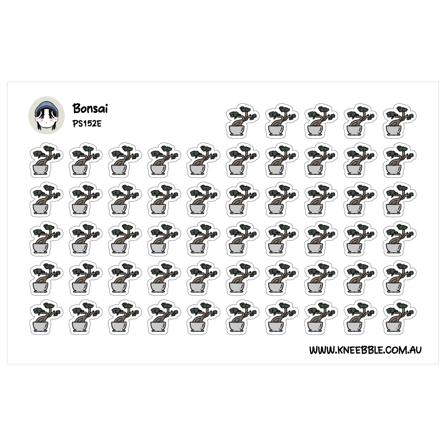 a grid of small, identical stickers depicting a bonsai tree in a pot.