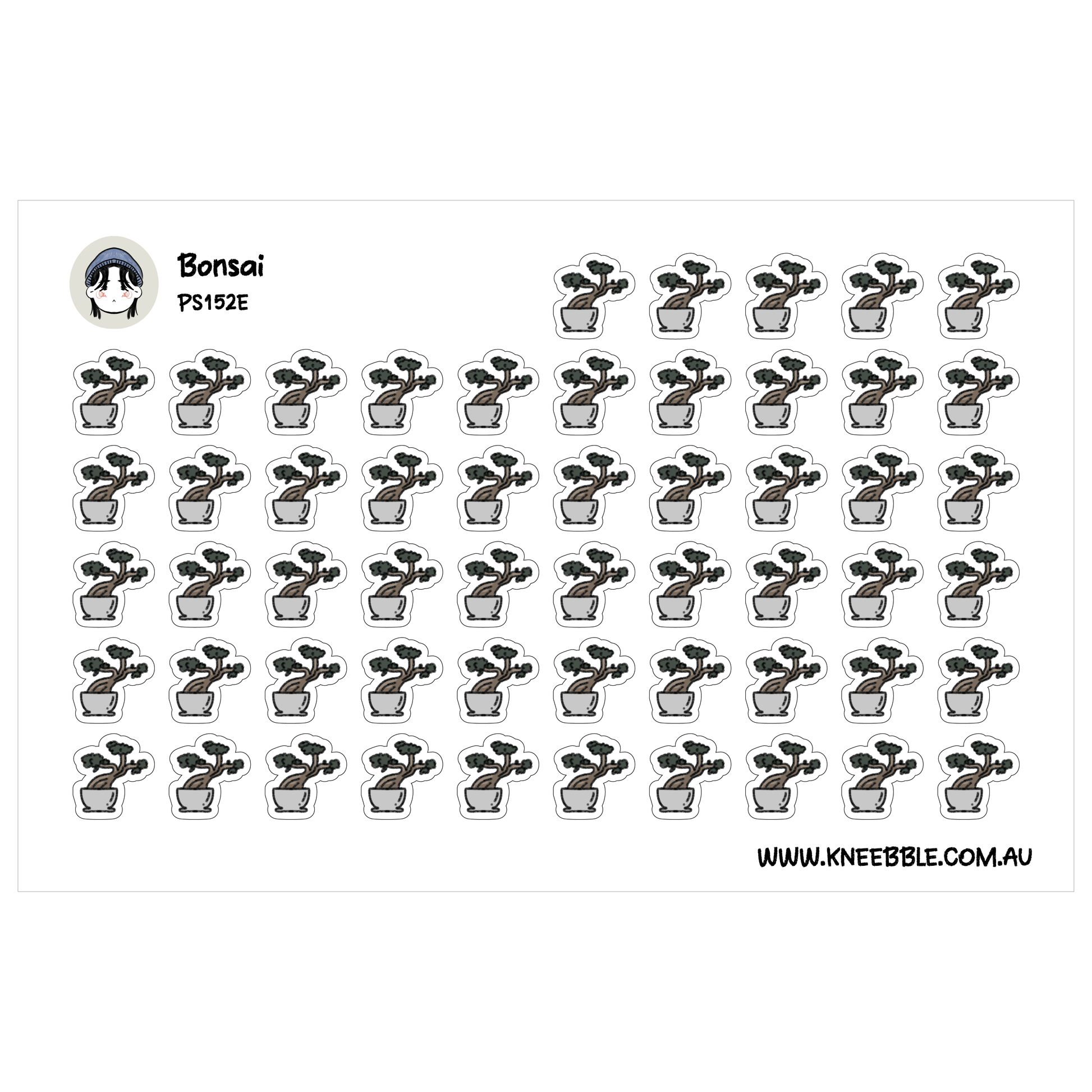 a grid of small, identical stickers depicting a bonsai tree in a pot.