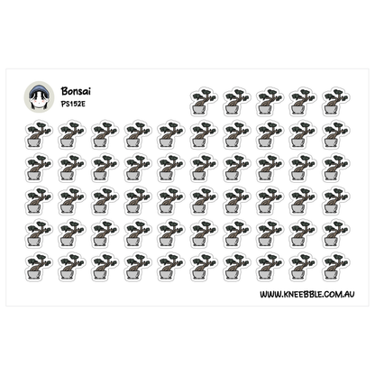 a grid of small, identical stickers depicting a bonsai tree in a pot.