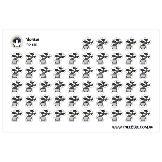 a grid of small, identical stickers depicting a bonsai tree in a pot.