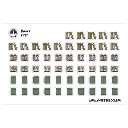a grid of various book icons, including books, magazines, and other reading materials, arranged in a visually organized manner.