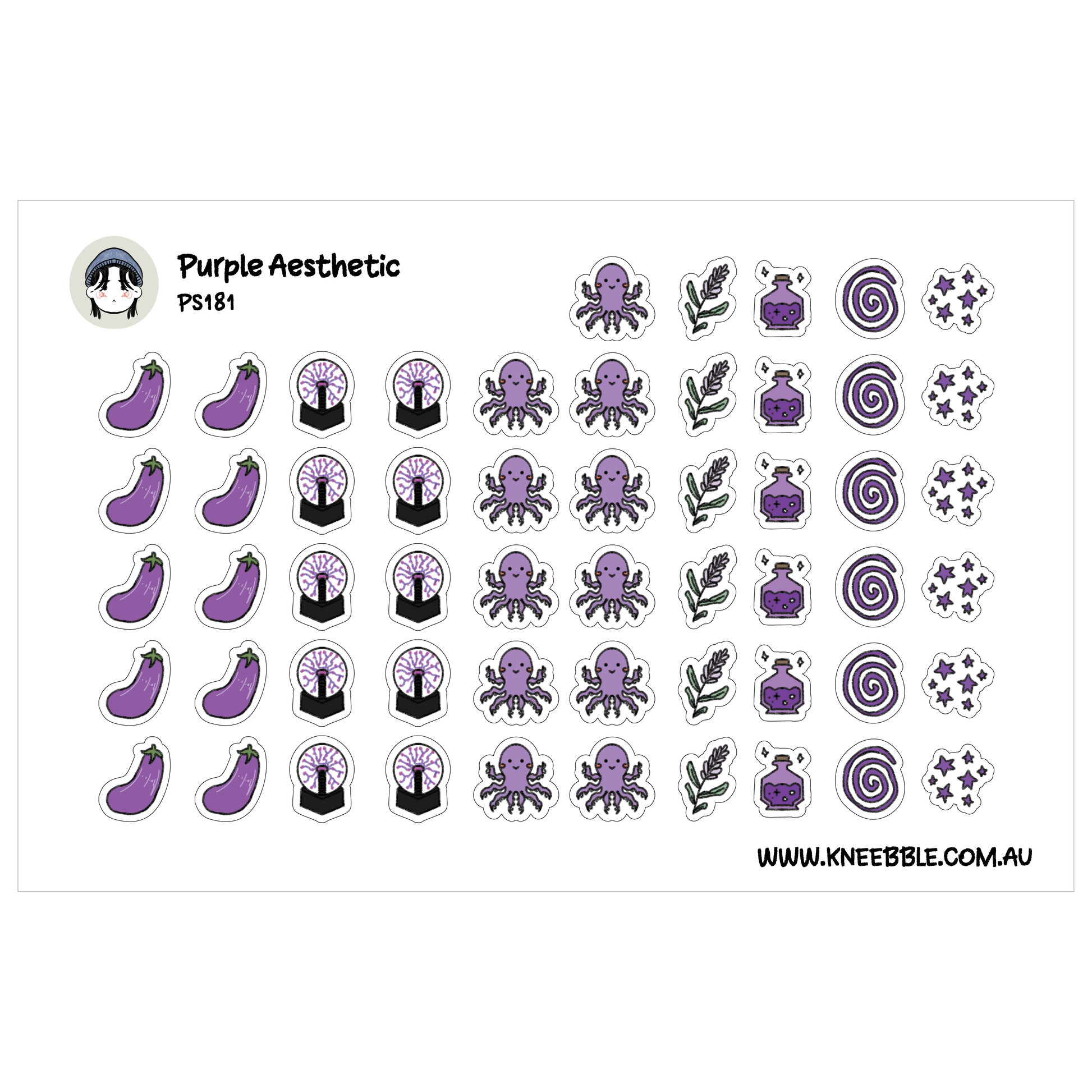 a collection of purple-themed stickers and illustrations, including various purple objects such as eggplants, octopuses, and other decorative elements.