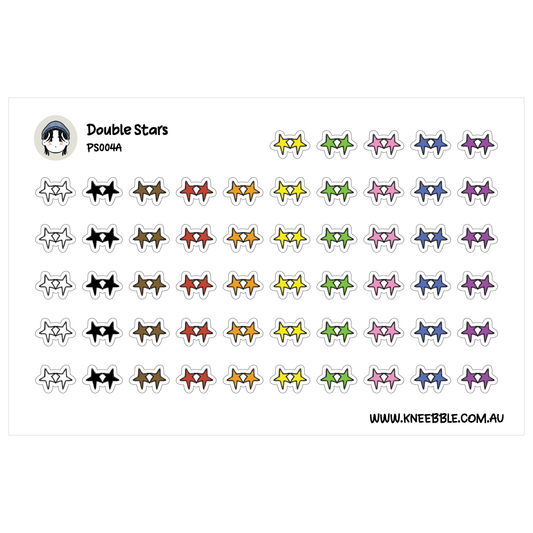 a collection of colorful star stickers arranged in rows and columns, with each sticker featuring a different color and pattern.