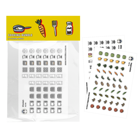 Cooking bundle with kitchen-themed stickers on a white background