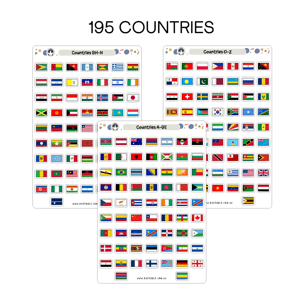 195 Flag Country Planner Stickers - 3 Sticker Sheets - World Map Geography International Travel