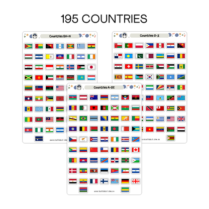 195 Flag Country Planner Stickers - 3 Sticker Sheets - World Map Geography International Travel