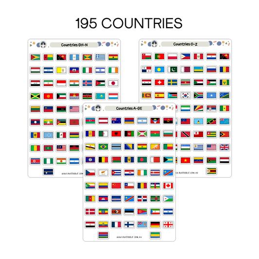 195 Flag Country Planner Stickers - 3 Sticker Sheets - World Map Geography International Travel