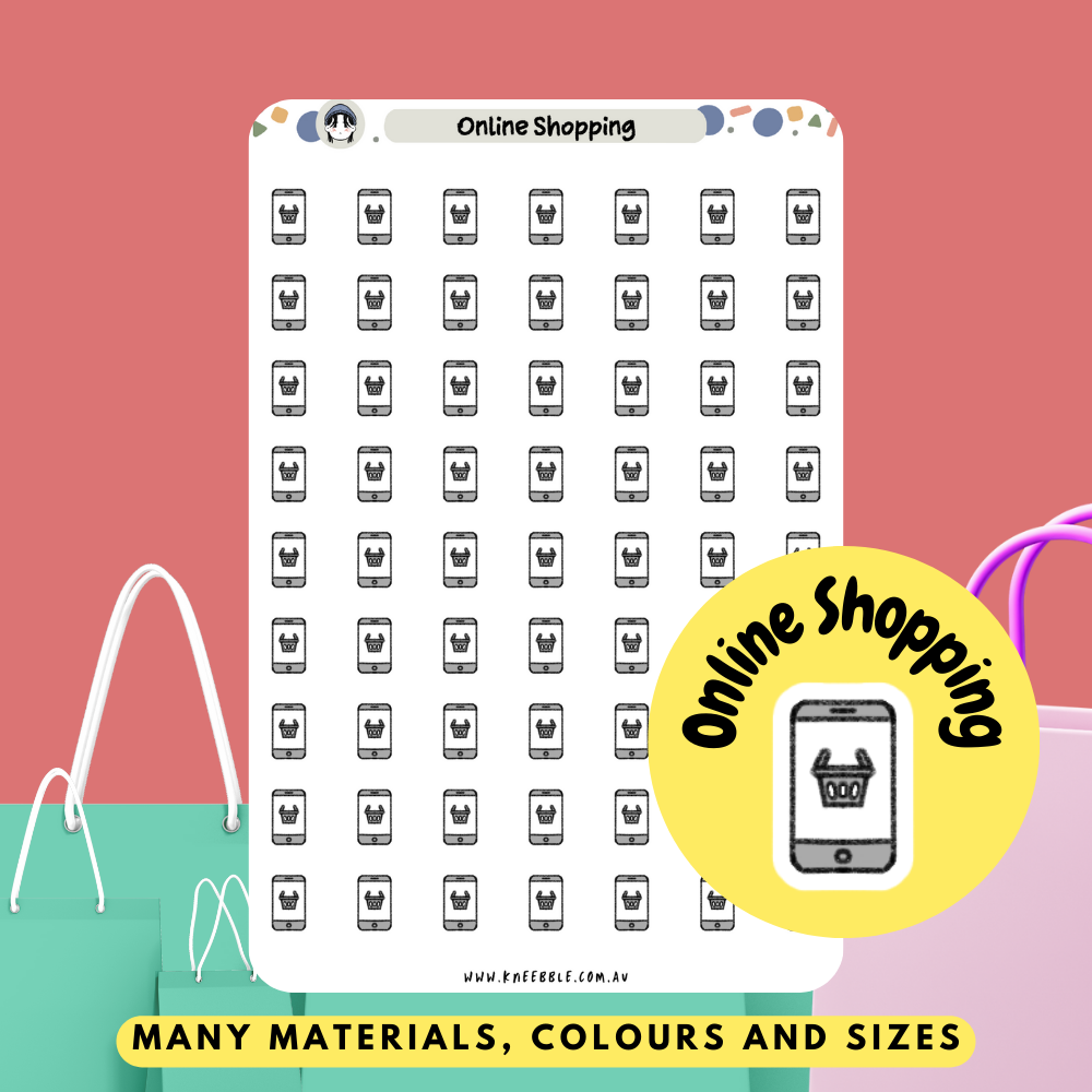 Online shopping planner sticker designs made by Kneebble, featuring a mobile phone icon and cart.