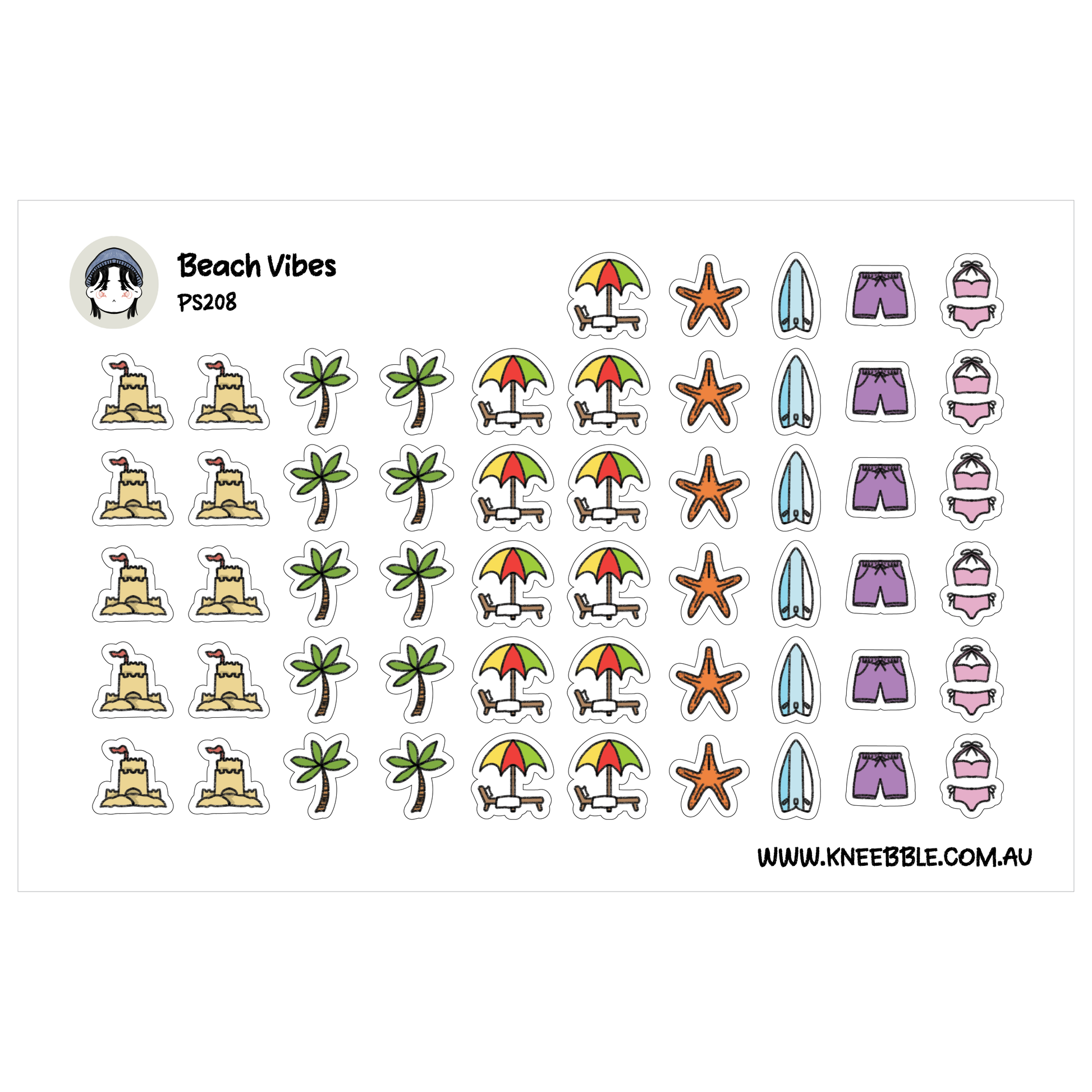 Collection of beach-themed stickers including sand chairs, umbrellas, and shorts on a white background.