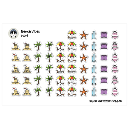 Collection of beach-themed stickers including sand chairs, umbrellas, and shorts on a white background.
