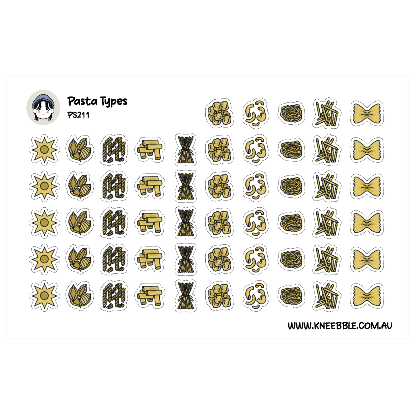 Fun Italian Pasta Planner Stickers - Fusilli, Spaghetti, Macaroni and Farfalle - Kitchen Cooking Culinary Icons