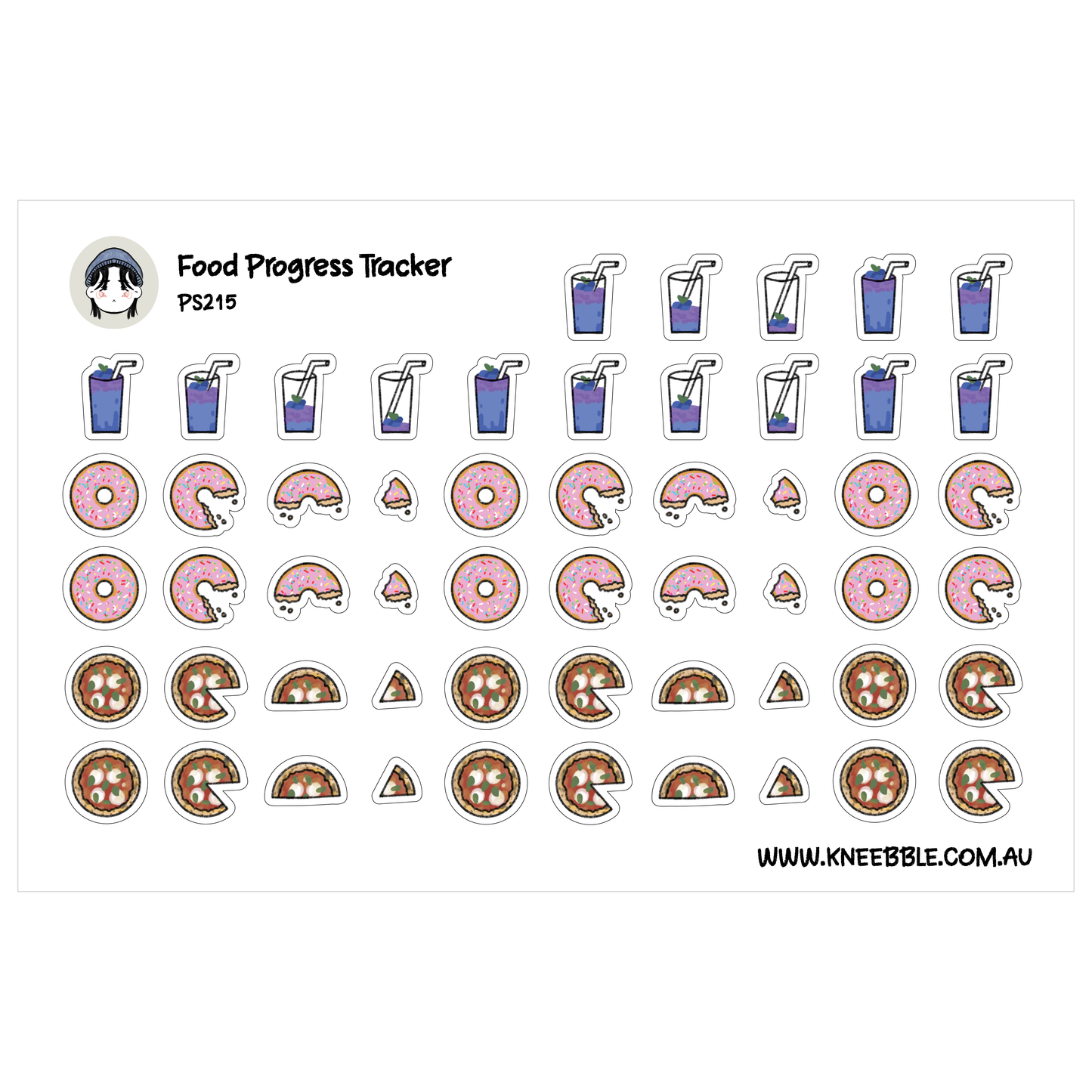 Food Progress Tracker Stickers - Blueberry, Donut and Pizza Planner Icons