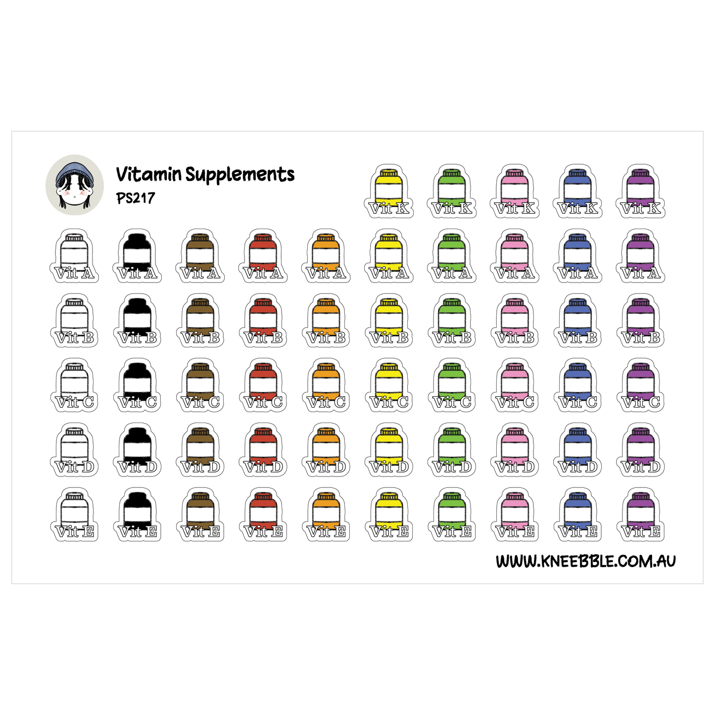 Vitamin Supplement Stickers - Planner Icons A B C D E K Health Tracker Intake
