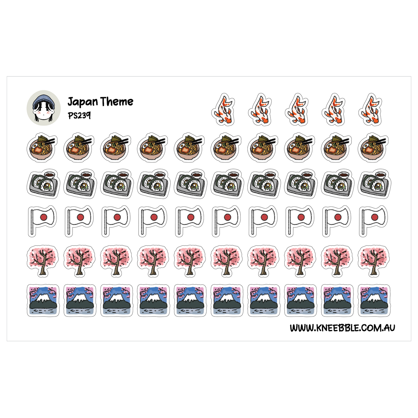 Japan Culture Planner Stickers - Cherry Blossom Tree, Ramen, Sushi, Flag, Mount Fuji, Koi Fish Icons