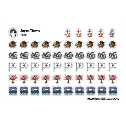 Japan Culture Planner Stickers - Cherry Blossom Tree, Ramen, Sushi, Flag, Mount Fuji, Koi Fish Icons
