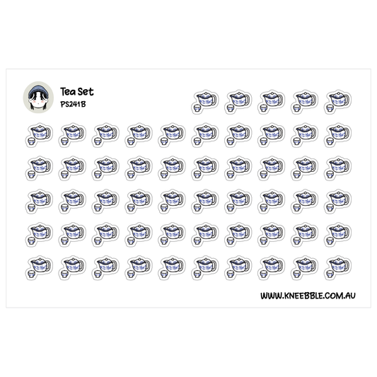 Planner sticker sheet featuring rows of white teapots and cups decorated with blue floral patterns.