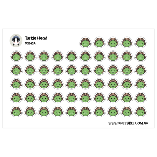 Pet planner sticker sheet featuring rows of green turtle faces beneath brown shells.