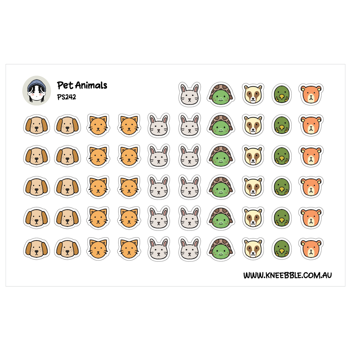 Pet Mini Head Planner Stickers - Dog Cat Rabbit Guinea Pig Parrot Ferret Turtle Stickers