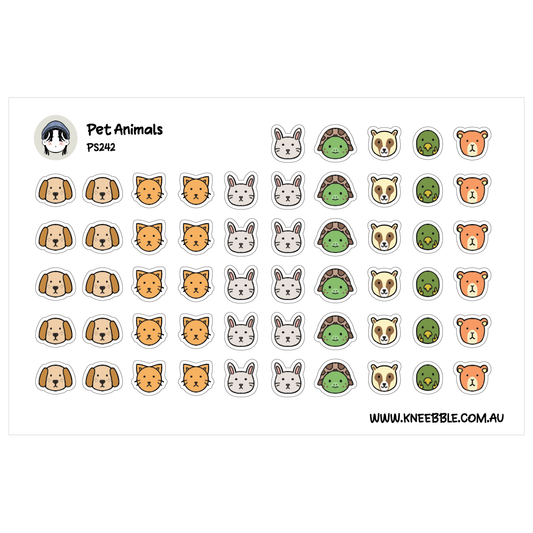 Pet animal sticker sheet featuring dog and cat faces alongside rabbits and turtles and ferrets and other pets.