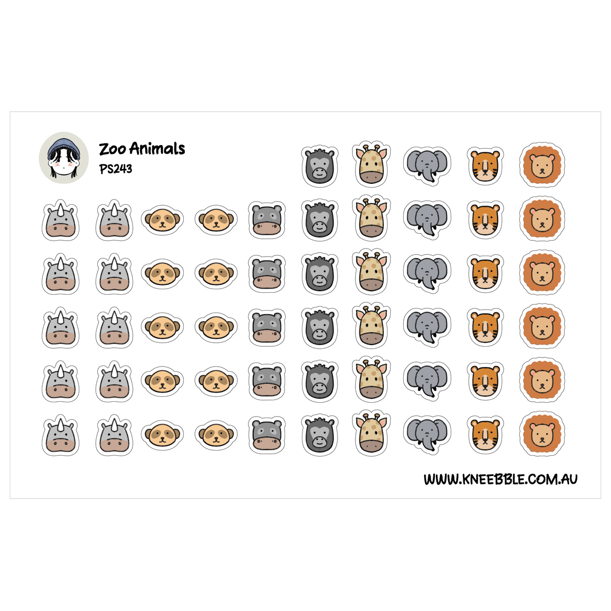 Zoo Animal Planner Stickers - Lion Tiger Elephant Giraffe Gorilla Hippo Rhino