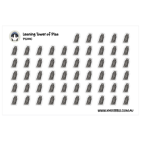 Travel planner sticker sheet featuring rows of illustrated Leaning Tower of Pisa icons.