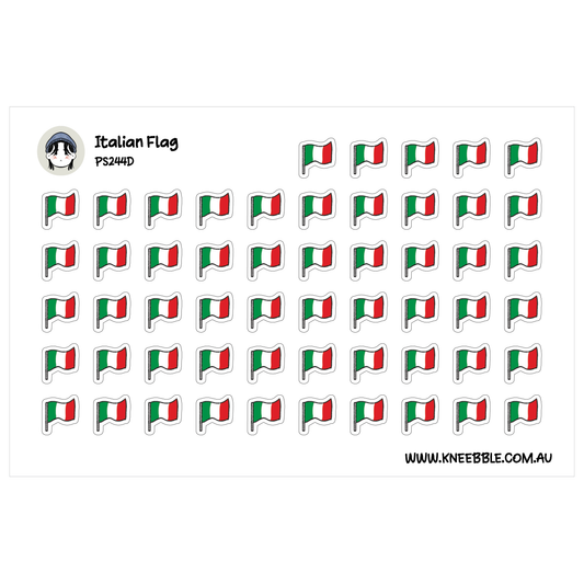 Planner sticker sheet featuring rows of Italian flags with green and white and red vertical stripes.