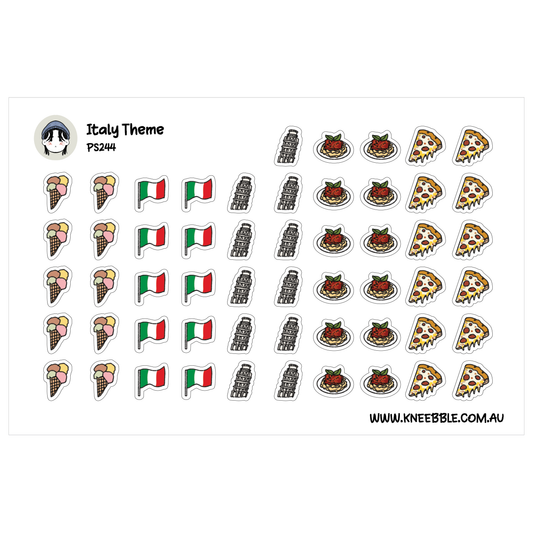 Italy-themed sticker sheet featuring pizza slices and spaghetti alongside Italian flags and travel icons.
