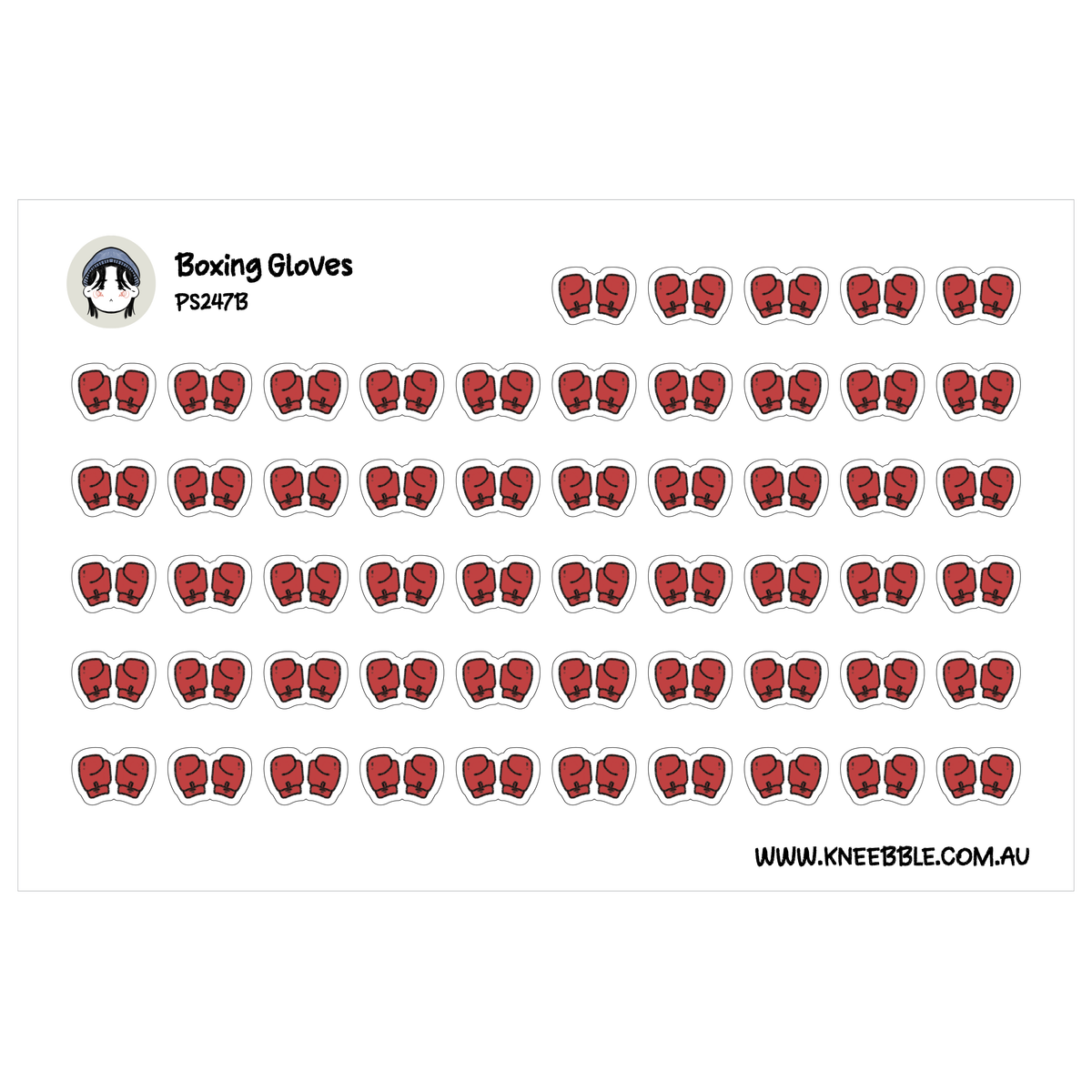 Boxing planner sticker sheet featuring rows of paired red boxing gloves with black outlines.