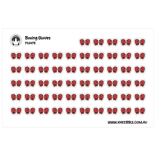 Boxing planner sticker sheet featuring rows of paired red boxing gloves with black outlines.