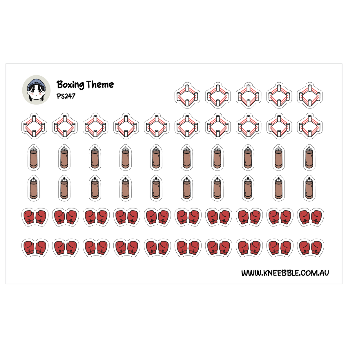 Boxing planner sticker sheet featuring boxing rings with pink ropes alongside brown punching bags and red gloves.