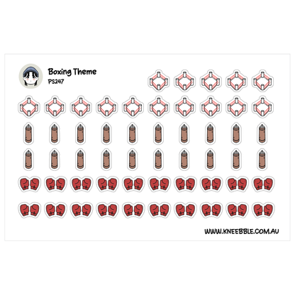 Boxing planner sticker sheet featuring boxing rings with pink ropes alongside brown punching bags and red gloves.