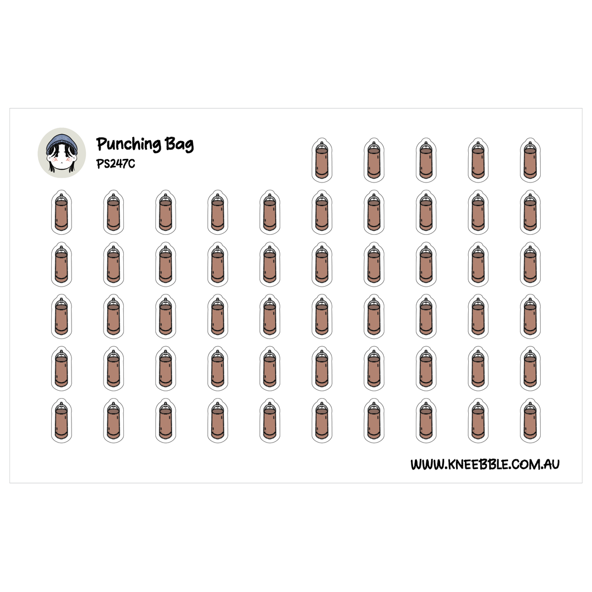 Boxing planner sticker sheet featuring rows of brown hanging punching bags.