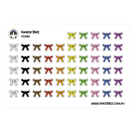 Karate planner sticker sheet featuring rows of tied belts in assorted colours from white and black to purple.