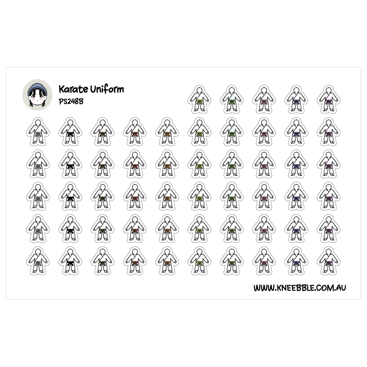 Karate planner sticker sheet featuring rows of figures in white uniforms with assorted coloured belts.