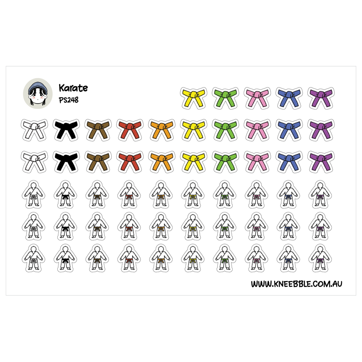 Karate planner sticker sheet featuring colourful tied belts and figures wearing white karate uniforms.