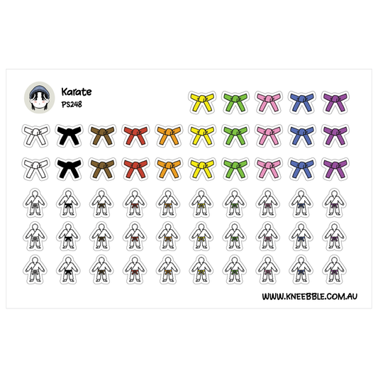 Karate planner sticker sheet featuring colourful tied belts and figures wearing white karate uniforms.